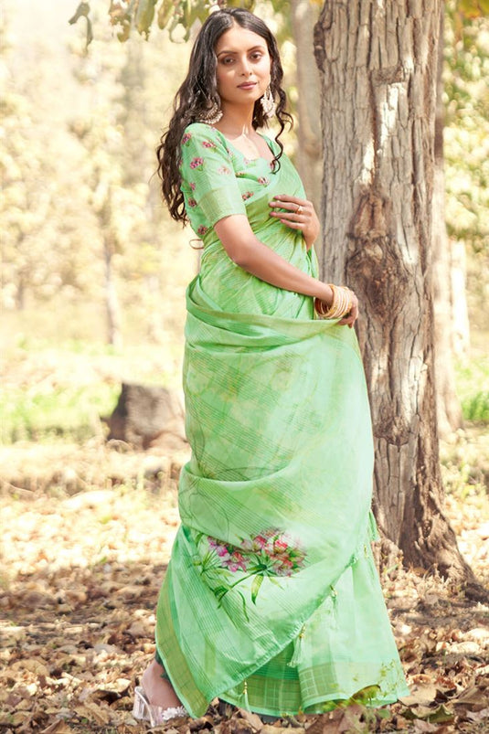 Trendy Green Color Cotton Fabric Saree With Printed Work