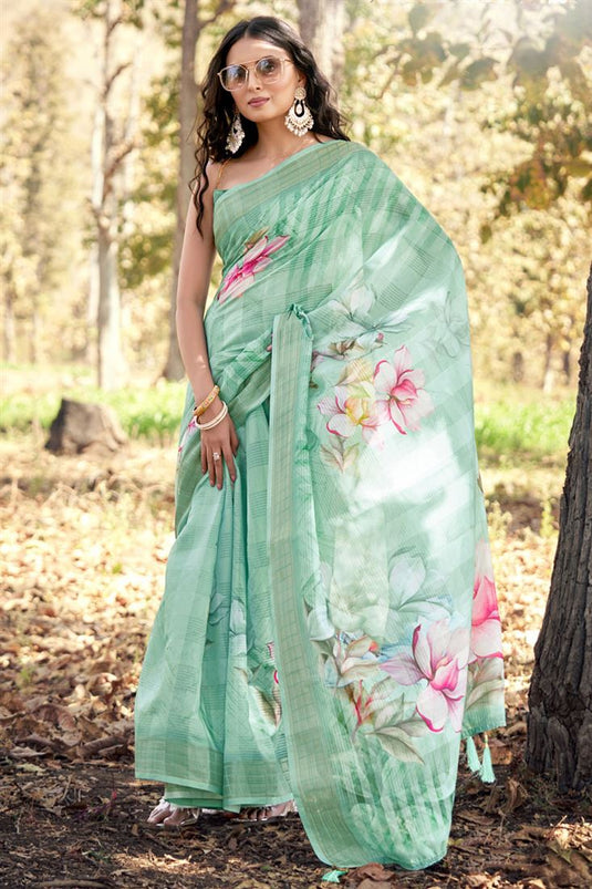 Soothing Printed Work On Sea Green Color Cotton Fabric Saree