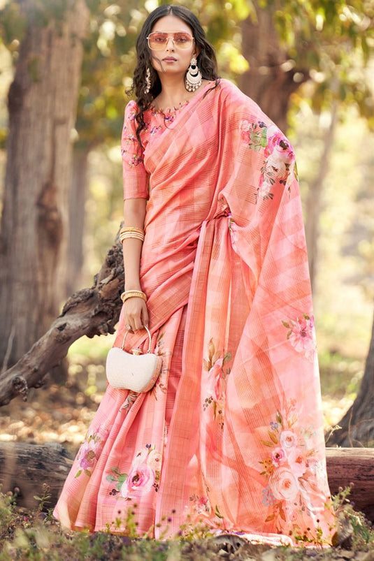 Printed Work On Cotton Fabric Peach Color Gorgeous Saree