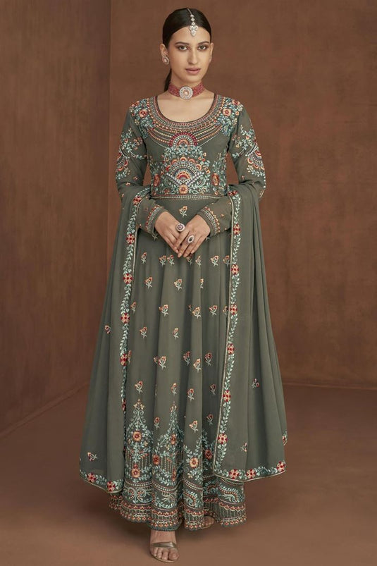 Grey Color Embroidered Incredible Georgette Anarkali Suit