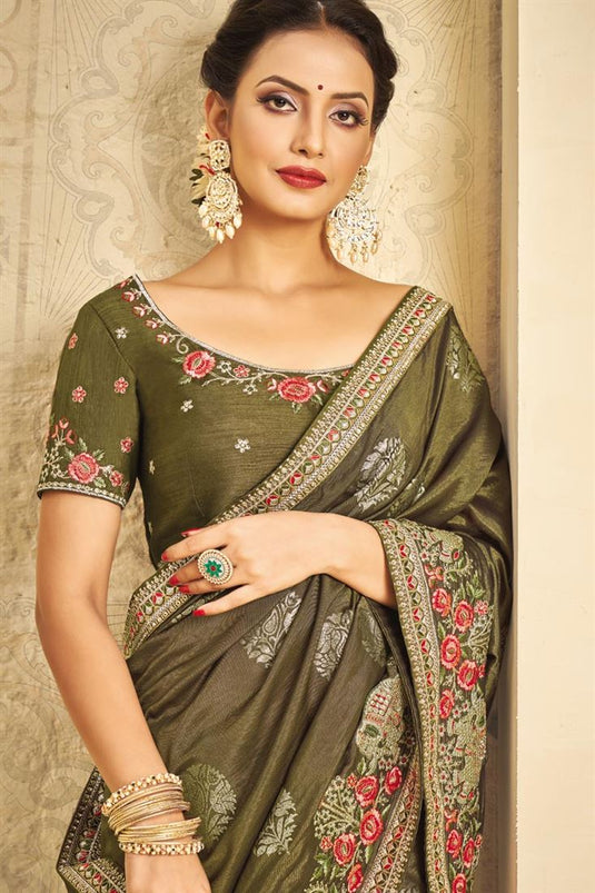 Art Silk Fabric Party Style Vintage Saree In Olive Color