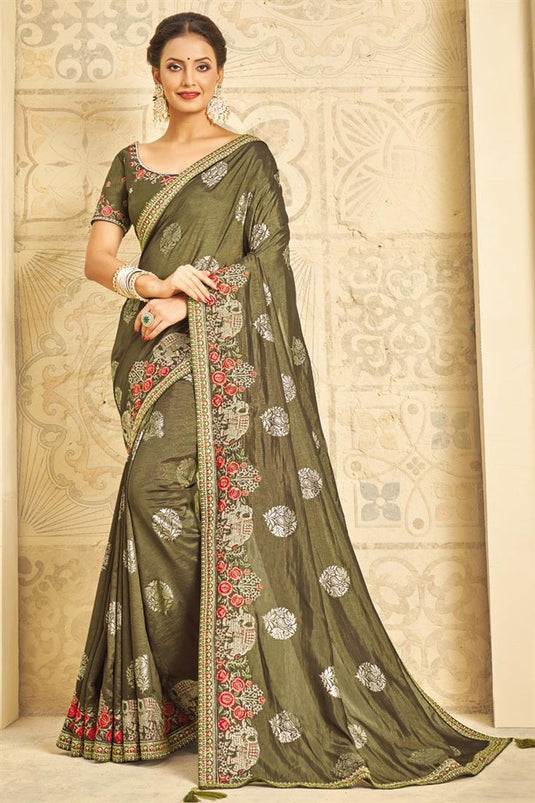 Art Silk Fabric Party Style Vintage Saree In Olive Color