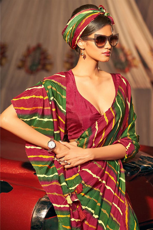Embellished Maroon And Green Color Leheriya Printed Art Silk Saree