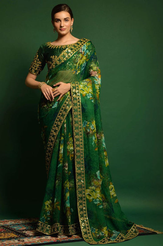 Exquisite Digital Printed Georgette Fabric Saree In Green Color