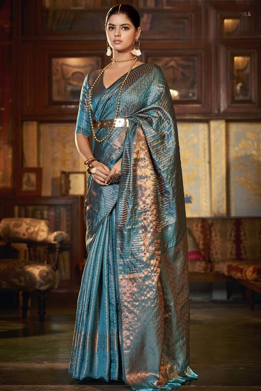 Kanjivaram Silk Fabric Cyan Color Brilliant Saree