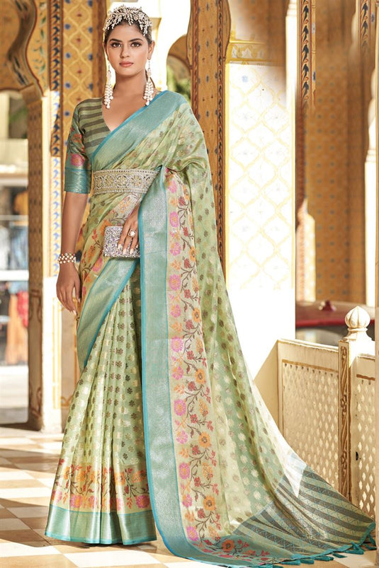 Dazzling Sea Green Color Floral Printed Saree In Art Silk Fabric