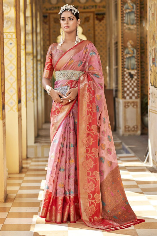Marvellous Art Silk Fabric Floral Printed Saree In Pink Color