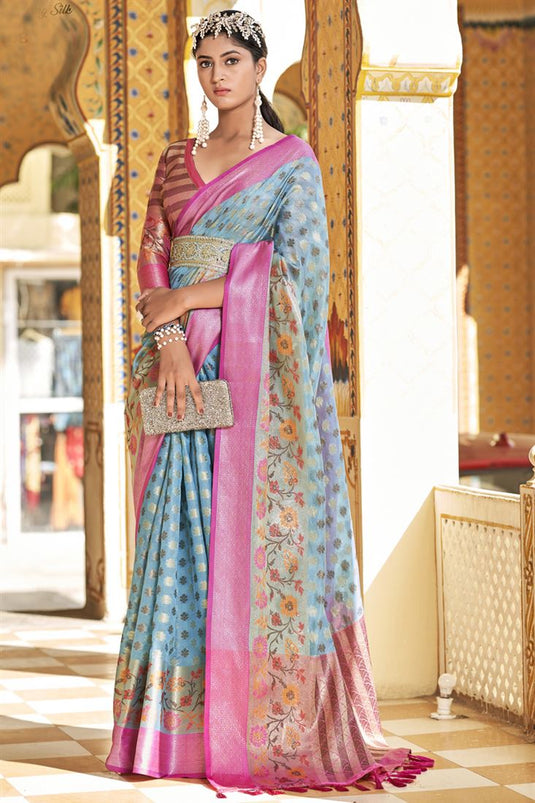 Beguiling Light Cyan Color Art Silk Fabric Floral Printed Saree