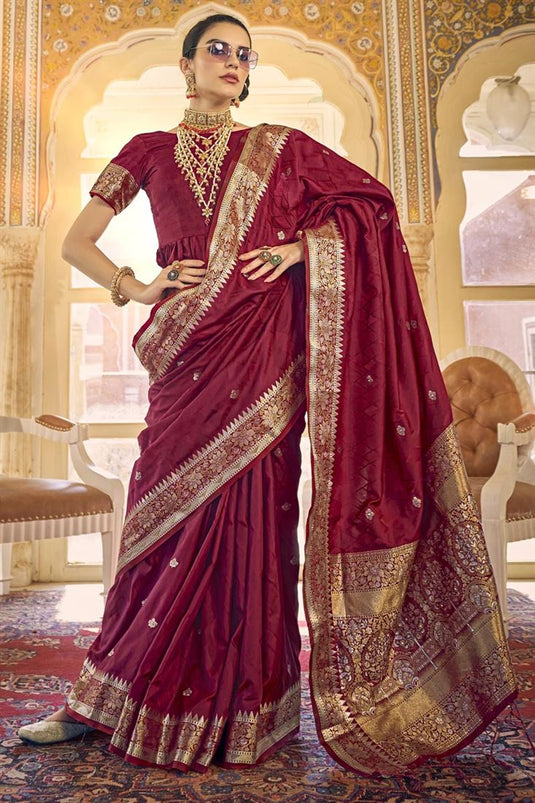 Entrancing Satin Silk Fabric Maroon Color Saree With Weaving Work