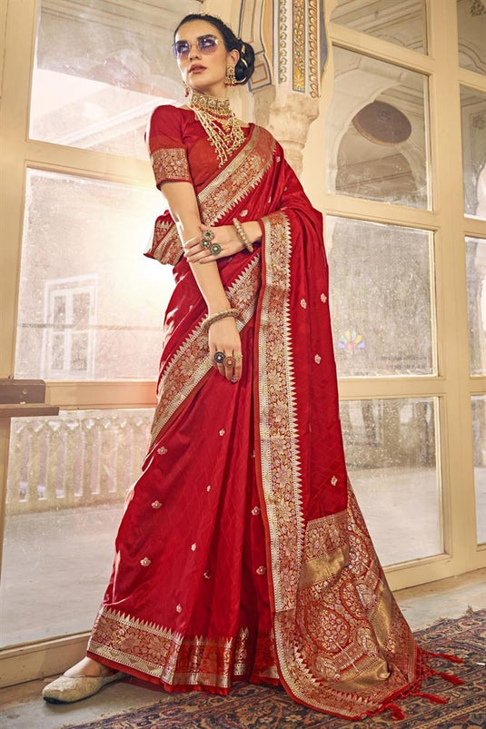 Marvellous Weaving Work On Satin Silk Fabric Saree In Red Color