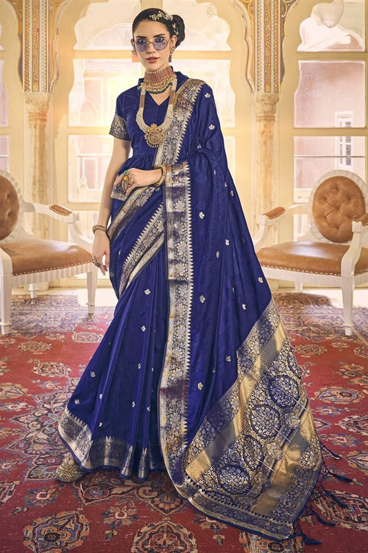 Amazing Blue Color Satin Silk Fabric Saree With Weaving Work