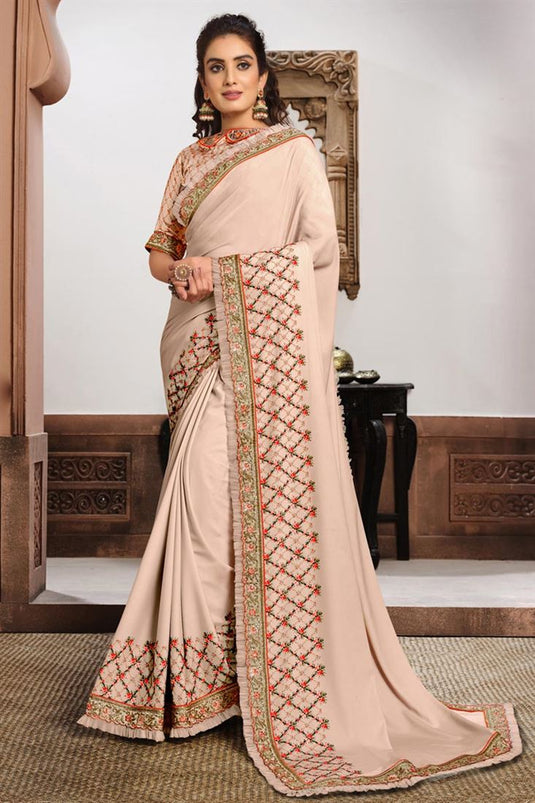 Chikoo Color Puja Wear Georgette Silk Fabric Embroidered Saree
