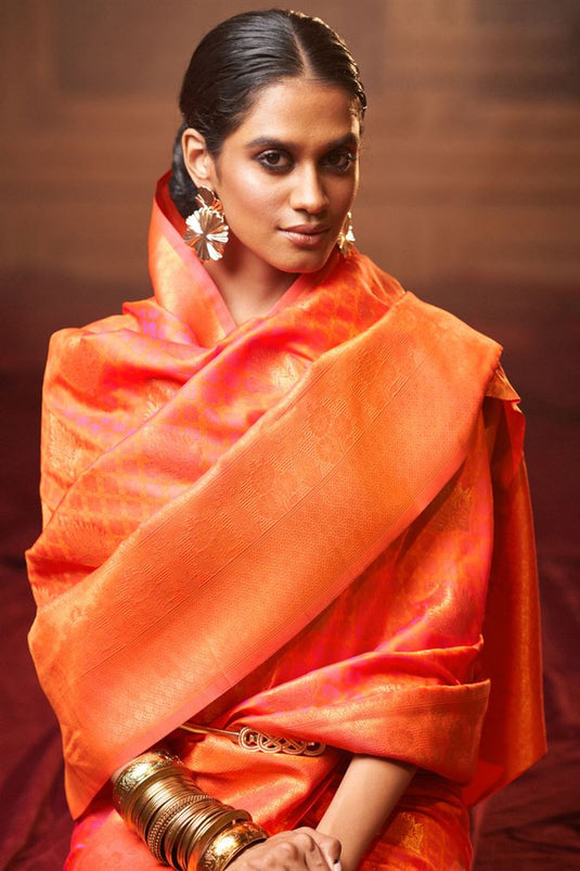 Heavy Art Silk Fabric Weaving Work On Orange Color Saree