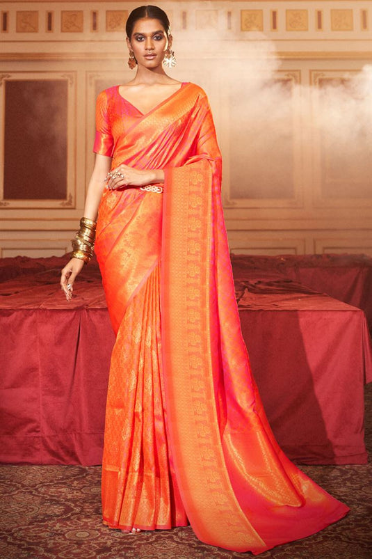 Heavy Art Silk Fabric Weaving Work On Orange Color Saree