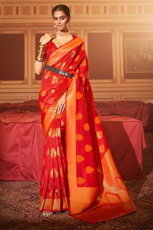 Red Color Exquisite Weaving Work Saree In Art Silk Fabric