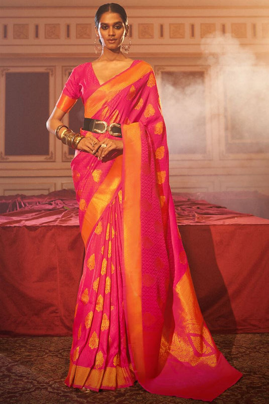 Art Silk Fabric Weaving Work On Pink Color Amazing Saree