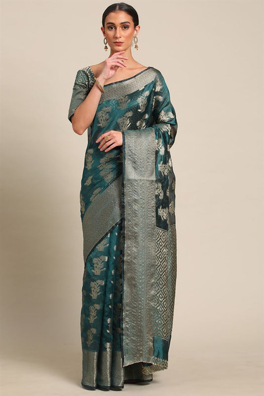 Organza Fabric Teal Color Gorgeous Banarasi Weaving Saree