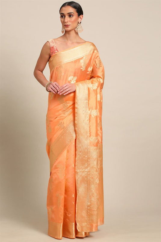 Organza Fabric Orange Color Brilliant Banarasi Weaving Saree
