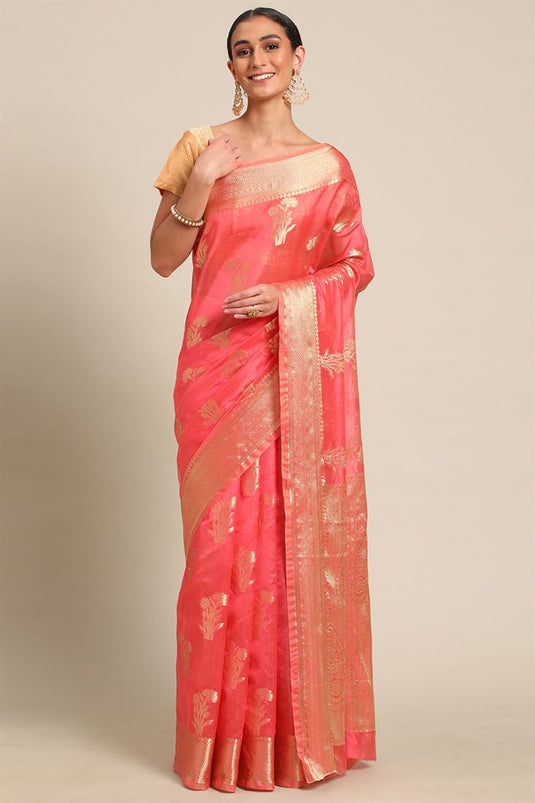 Organza Fabric Soothing Banarasi Weaving Saree In Pink Color