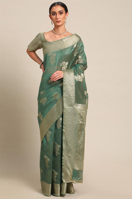 Dark Green Color Organza Fabric Glorious Banarasi Weaving Saree