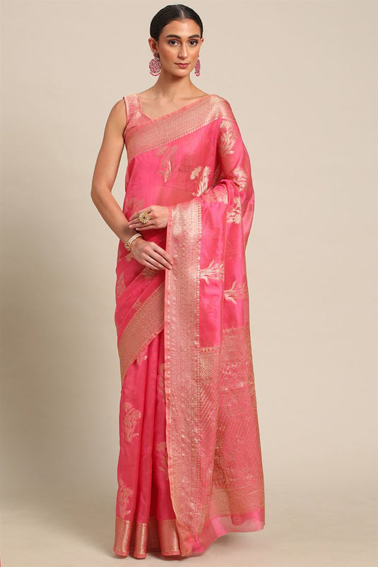Delicate Organza Fabric Pink Banarasi Weaving Saree