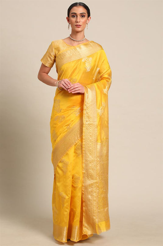 Blazing Yellow Color Organza Fabric Banarasi Weaving Saree