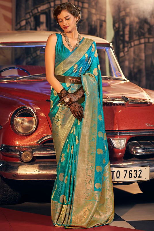 Soothing Weaving Work On Cyan Color Art Silk Fabric Saree