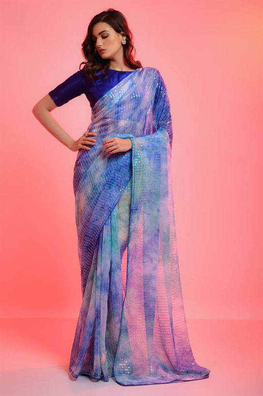 Party Look Blue Color Sequins Work Stylish Saree In Chiffon Fabric
