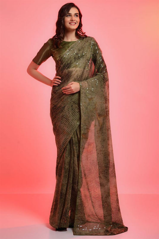 Party Look Chiffon Fabric Brown Color Saree With Fascinating Sequins Work