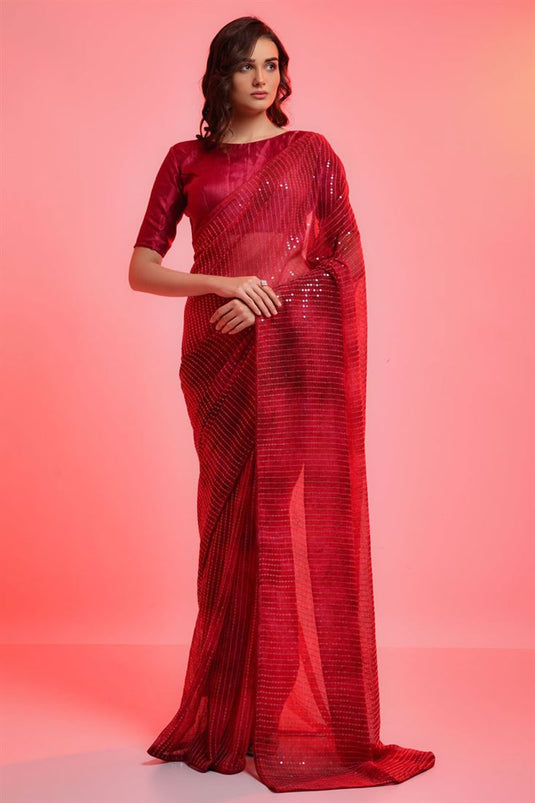 Party Look Stunning Red Color Chiffon Fabric Saree With Sequins Work