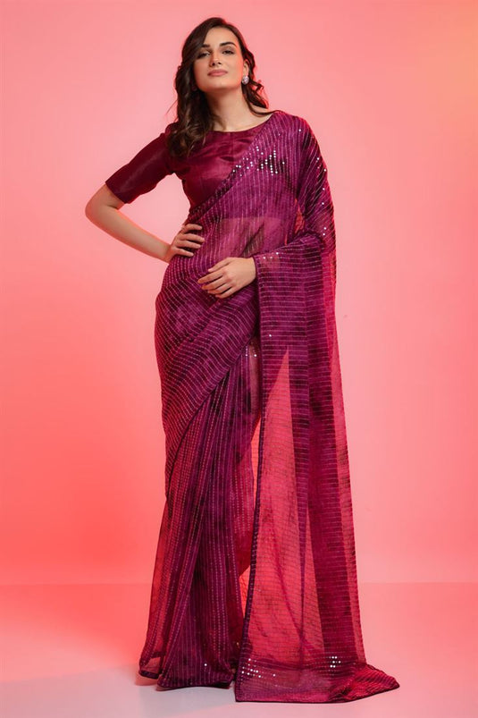Party Look Chiffon Fabric Fabulous Sequins Work Saree In Purple Color