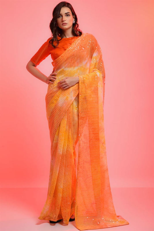 Orange Color Intricate Sequins Work Party Look Saree In Chiffon Fabric