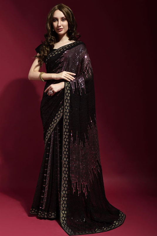 Sequins Work On Awesome Georgette Fabric Party Style Saree In Pink Color
