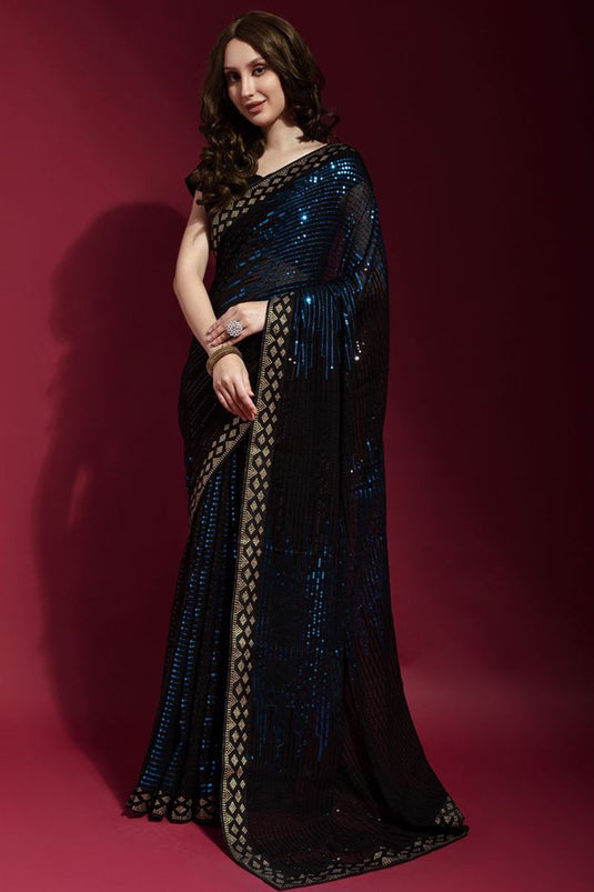 Blue Color Fantastic Georgette Fabric Party Style Saree With Sequins Work