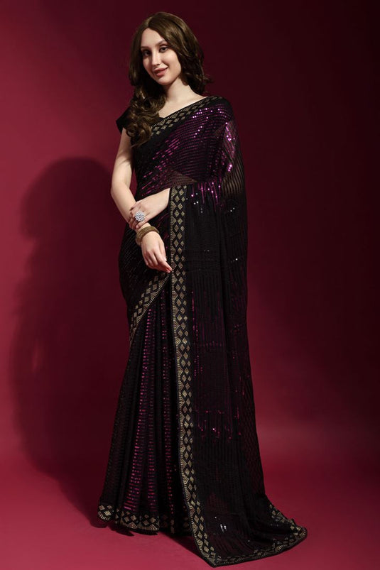Appealing Sequins Work On Georgette Fabric Party Style Saree In Rani Color