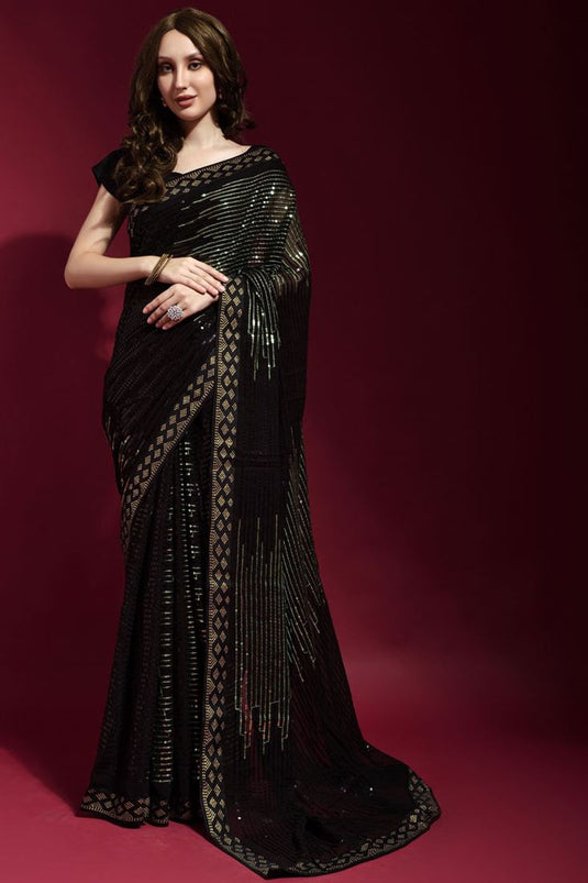Sequins Work On Green Color Aristocratic Georgette Fabric Party Style Saree