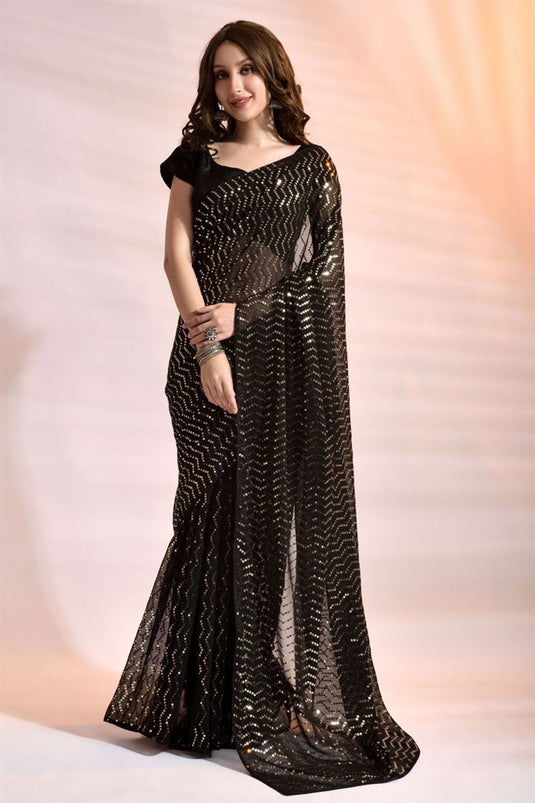 Georgette Fabric Sequins Work Party Look Pleasant Saree In Black Color