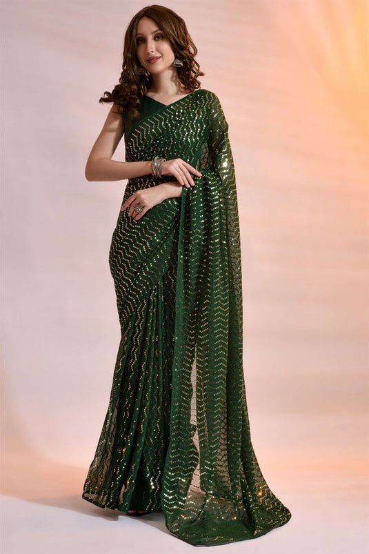 Party Look Sequins Work On Georgette Fabric Gorgeous Saree In Green Color