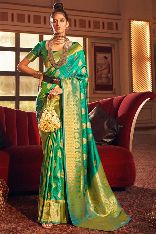 Green Color Brilliant Art Silk Weaving Design Festive Saree