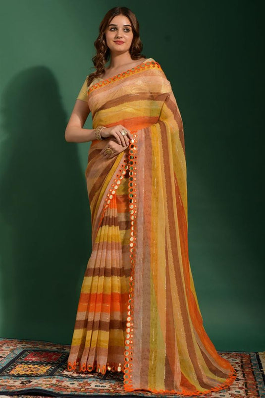 Orange Color Chiffon Fabric Admirable Leheriya Printed Saree