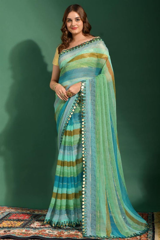 Chiffon Fabric Blue Color Stylish Leheriya Printed Saree