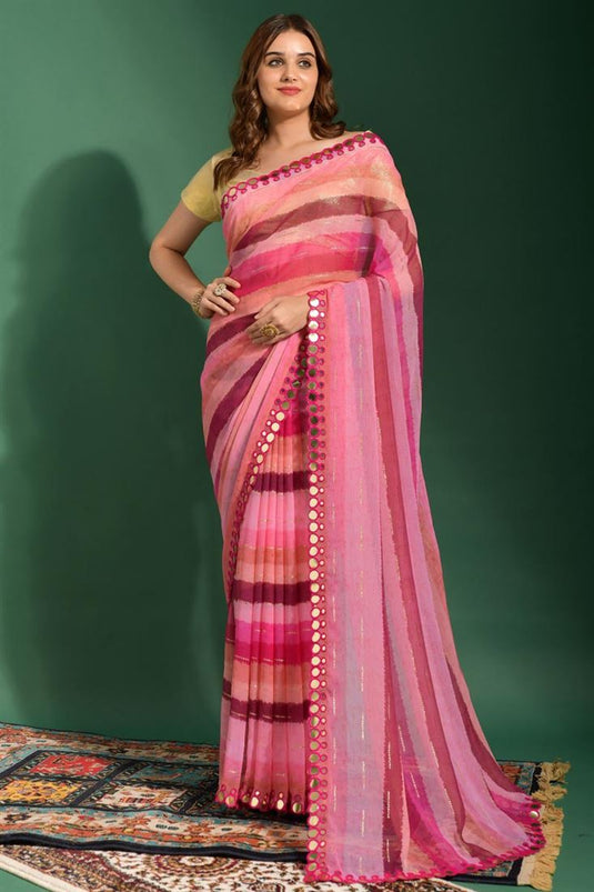 Chiffon Fabric Pink Color Solid Leheriya Printed Saree