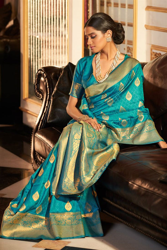Cyan Color Fantastic Art Silk Fabric Saree In Festival Wear