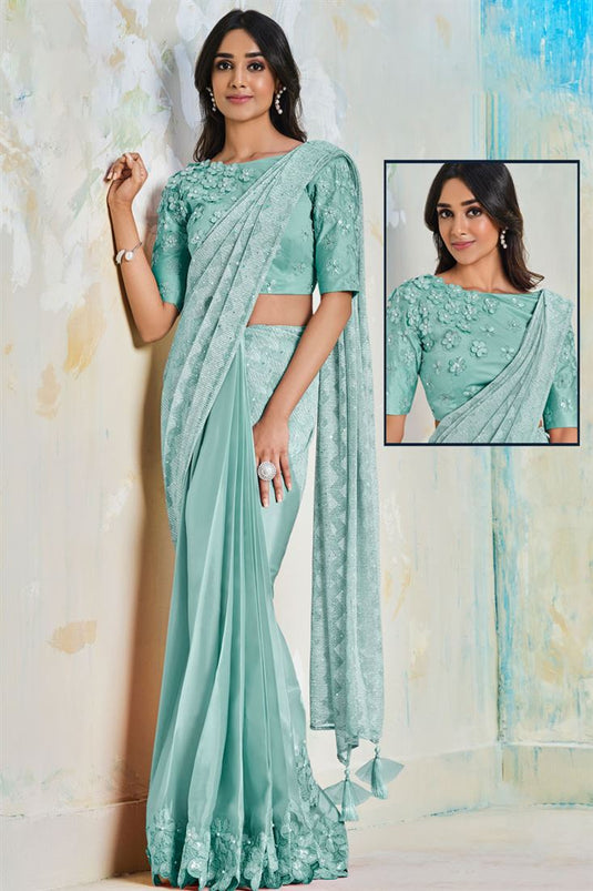 Party Look Captivating Satin Silk Fabric Saree In Light Cyan Color