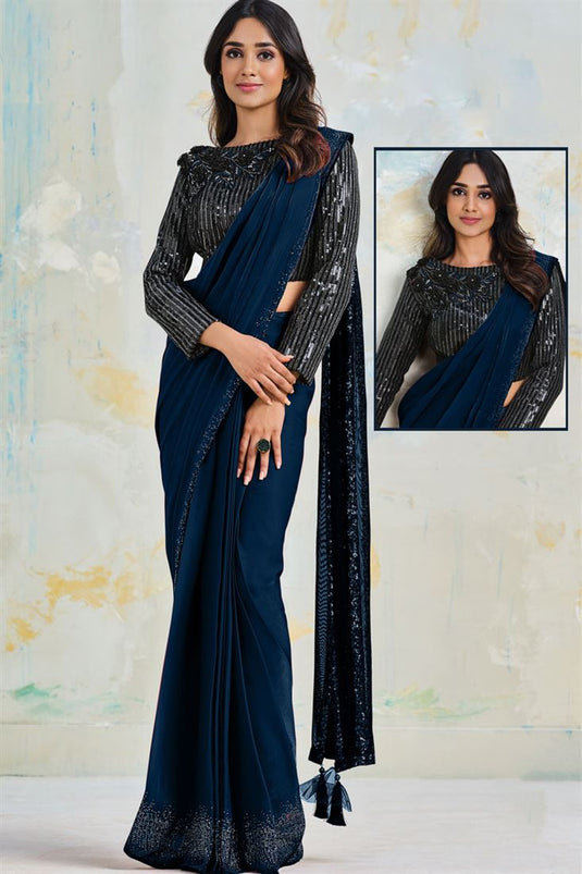 Party Look Awesome Satin Silk And Crepe Fabric Saree In Navy Blue Color