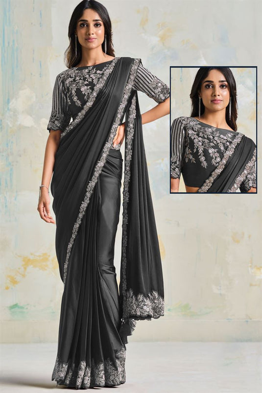 Party Look Dark Grey Color Aristocratic Satin Silk And Crepe Fabric Saree