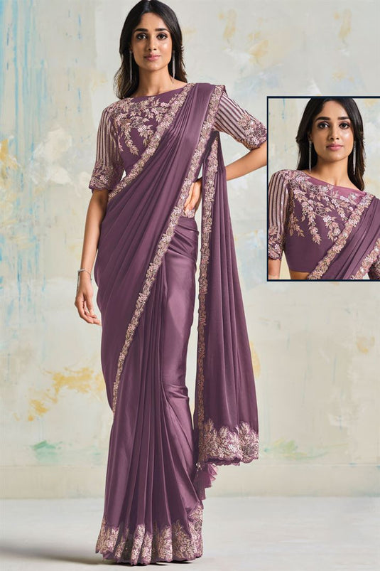 Imperial Lavender Color Satin Silk And Crepe Fabric Party Look Saree