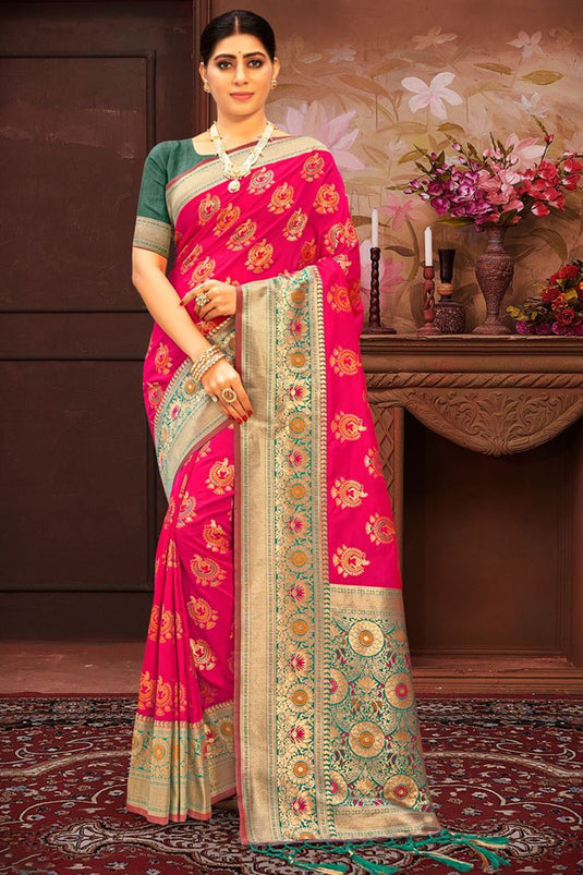 Pink Color Traditional Banarasi Silk Saree With Weaving Work