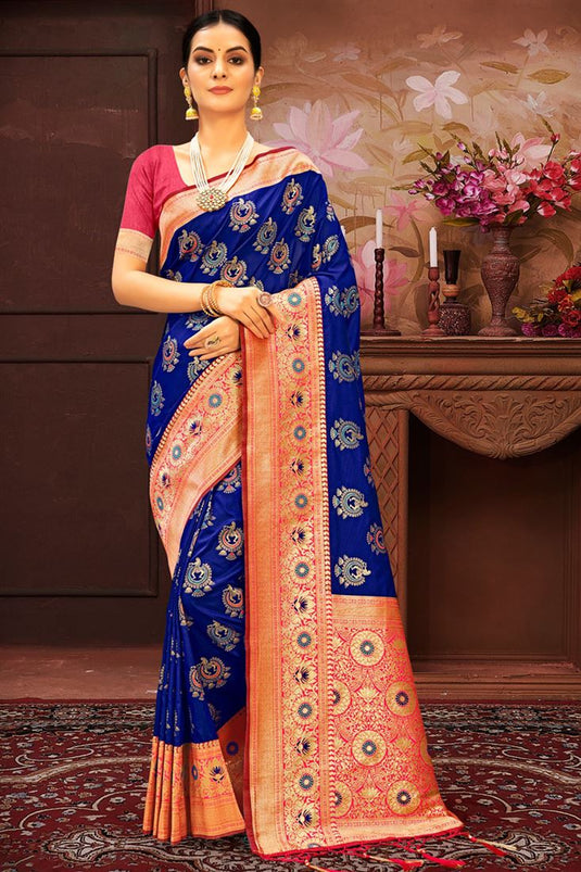 Weaving Work On Dazzling Banarasi Silk Saree In Blue Color