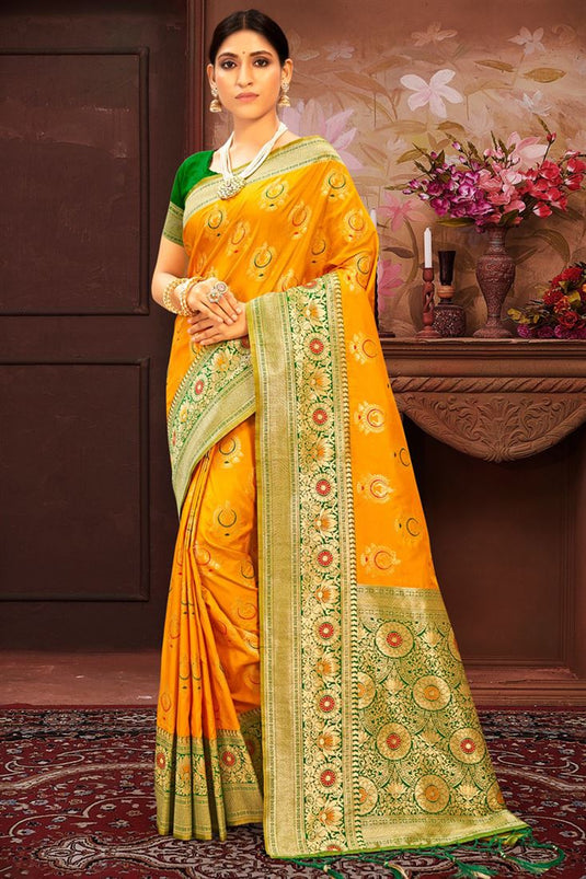 Weaving Work On Yellow Color Appealing Banarasi Silk Saree
